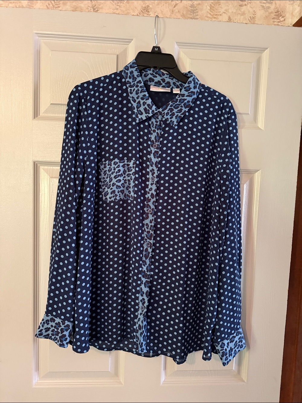 Belle by Kim Gravel Navy and Light Blue Polka Dot & Leopard Blouse